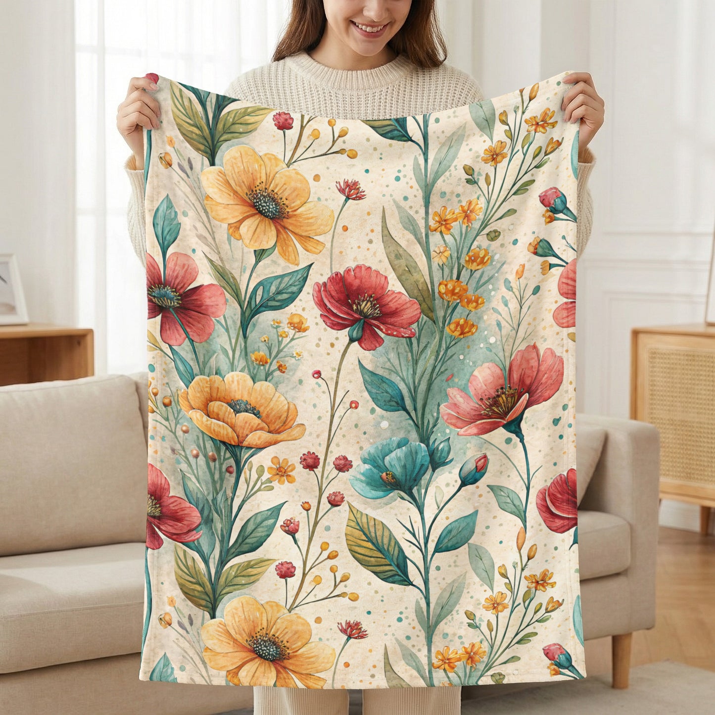 Floral Pattern with Watercolor Style Velveteen Plush Blankets - Walk Greener