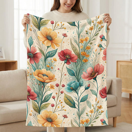 Floral Pattern with Watercolor Style Velveteen Plush Blankets - Walk Greener