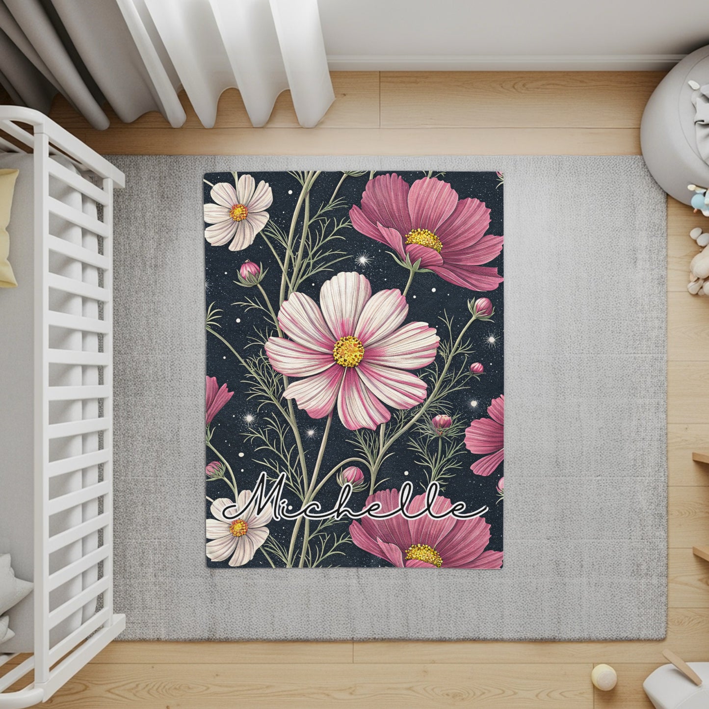 Cosmos Flowers With Custom Name On Dark Backdrop Custom Blanket - Walk Greener