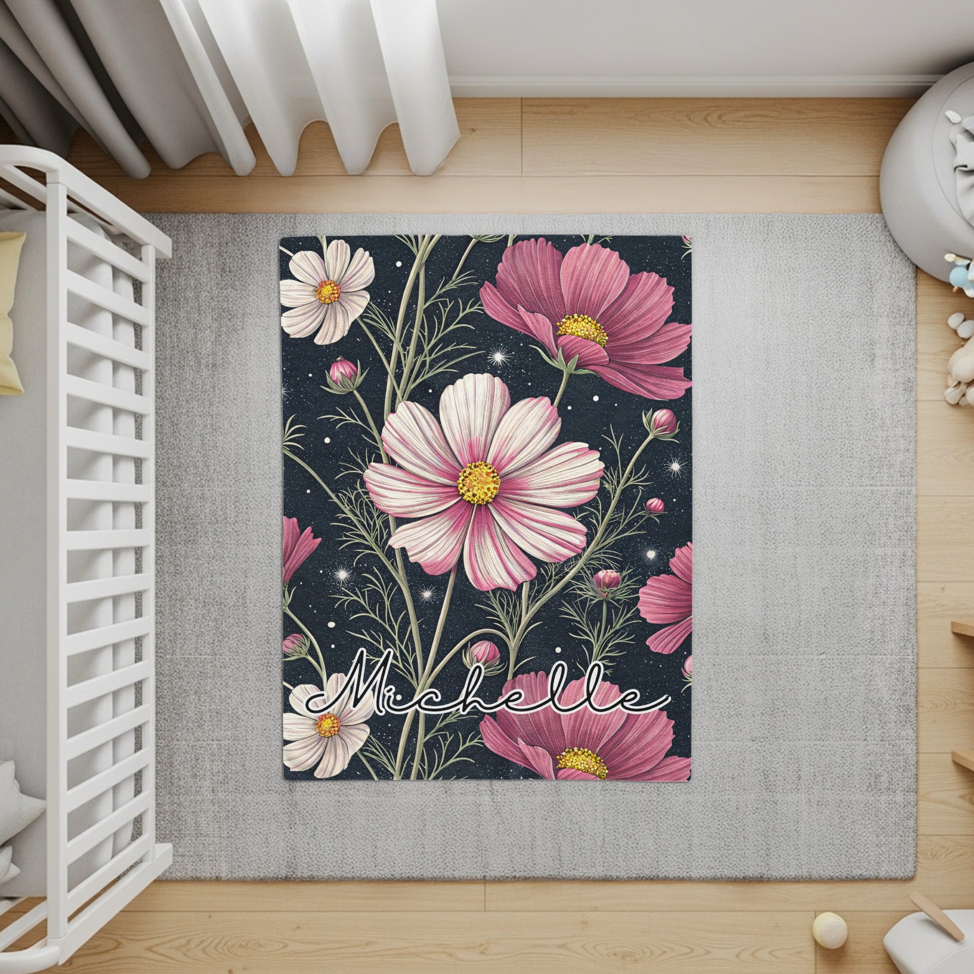 Cosmos Flowers With Custom Name On Dark Backdrop Custom Blanket - Walk Greener