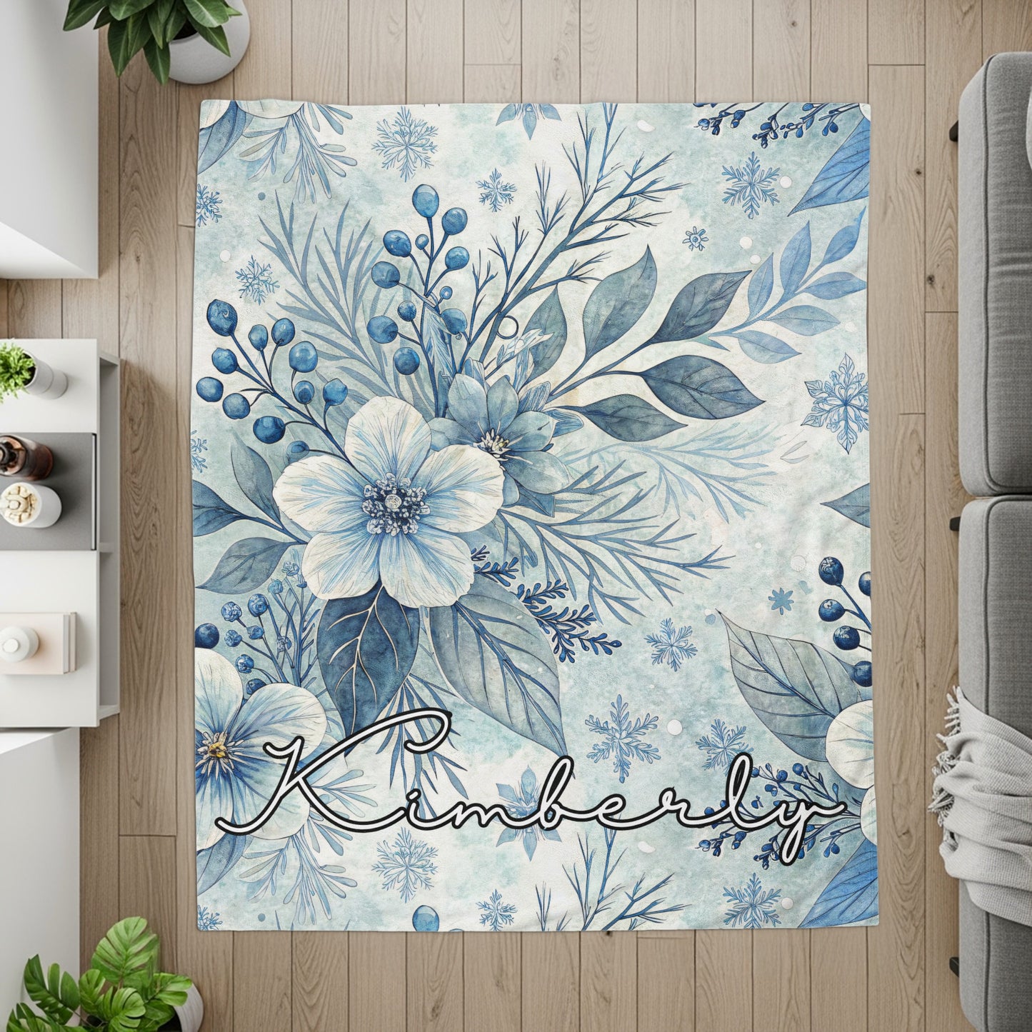 Personalized Blue Floral Design Name Rug Product