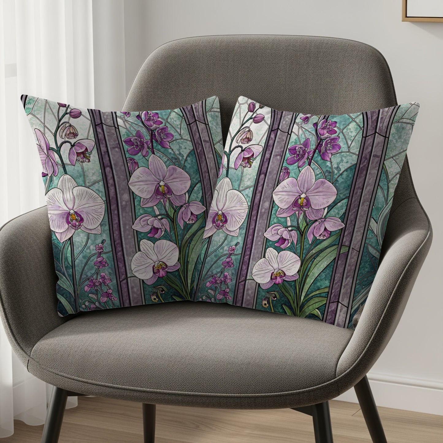 Elegant Stained Glass with Orchids Floral Motif Throw Pillows - Walk Greener