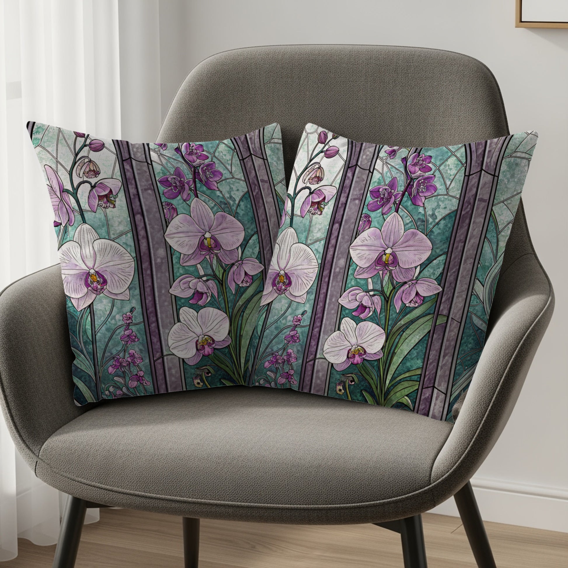 Elegant Stained Glass with Orchids Floral Motif Throw Pillows - Walk Greener