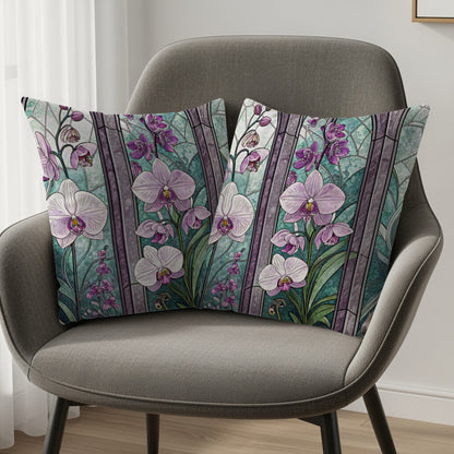 Elegant Stained Glass with Orchids Floral Motif Throw Pillows - Walk Greener