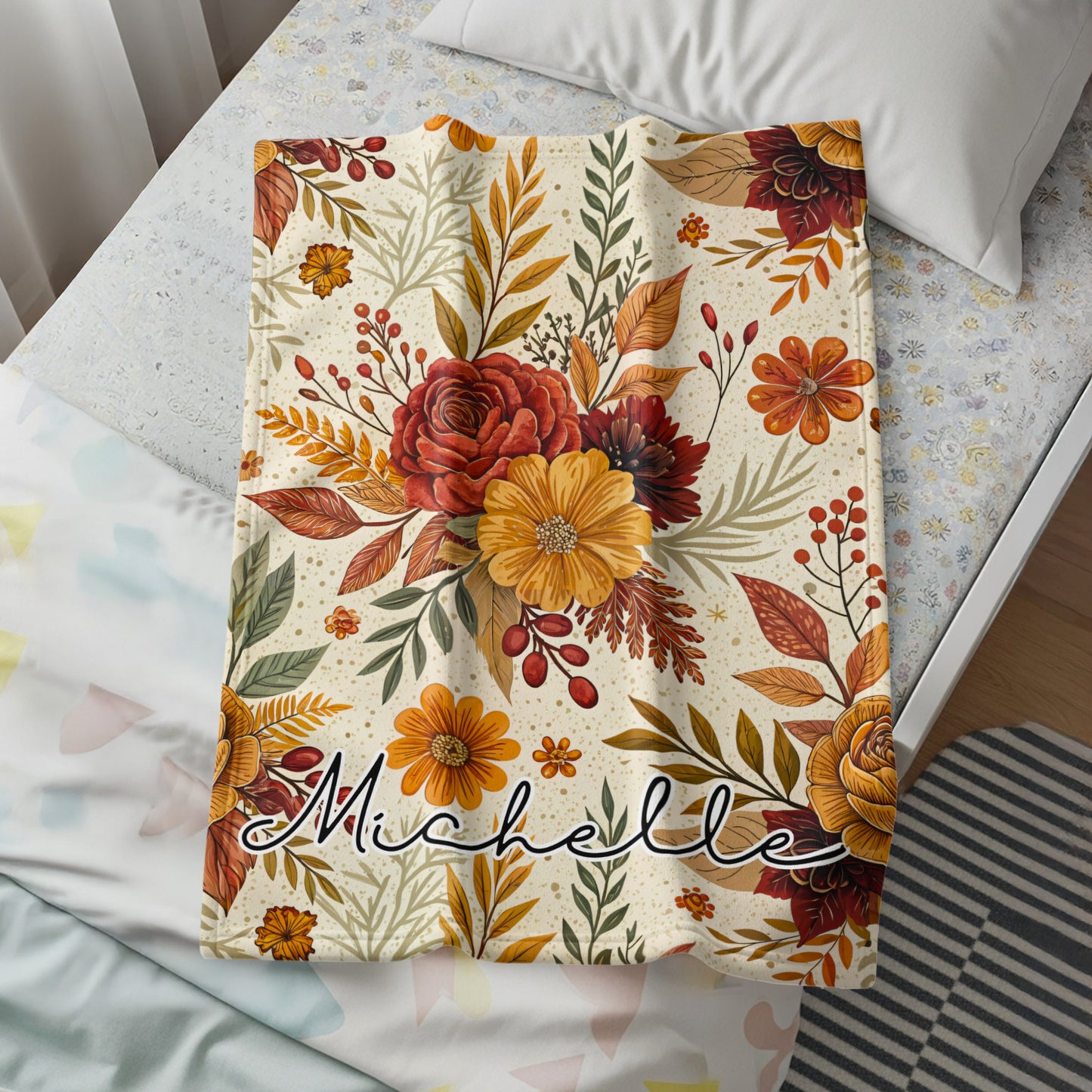 Personalized Autumn Floral Blanket with Customized Name