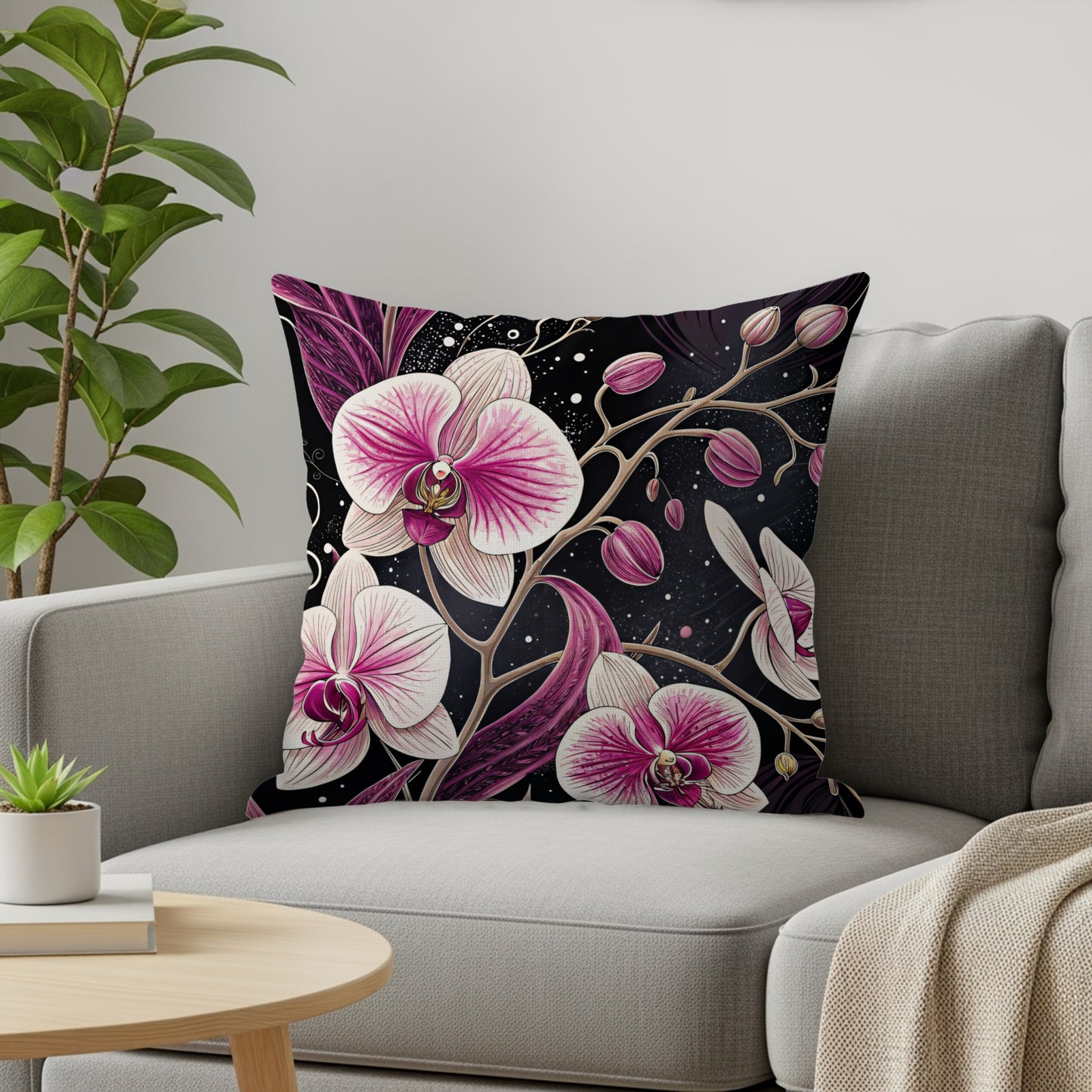 Elegant Pink Orchid Floral Design Decorative Pillow