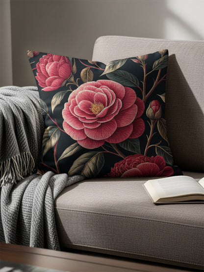 Elegant Pink Camellias Floral Arrangement Decorative Floral Throw Pillows - Walk Greener
