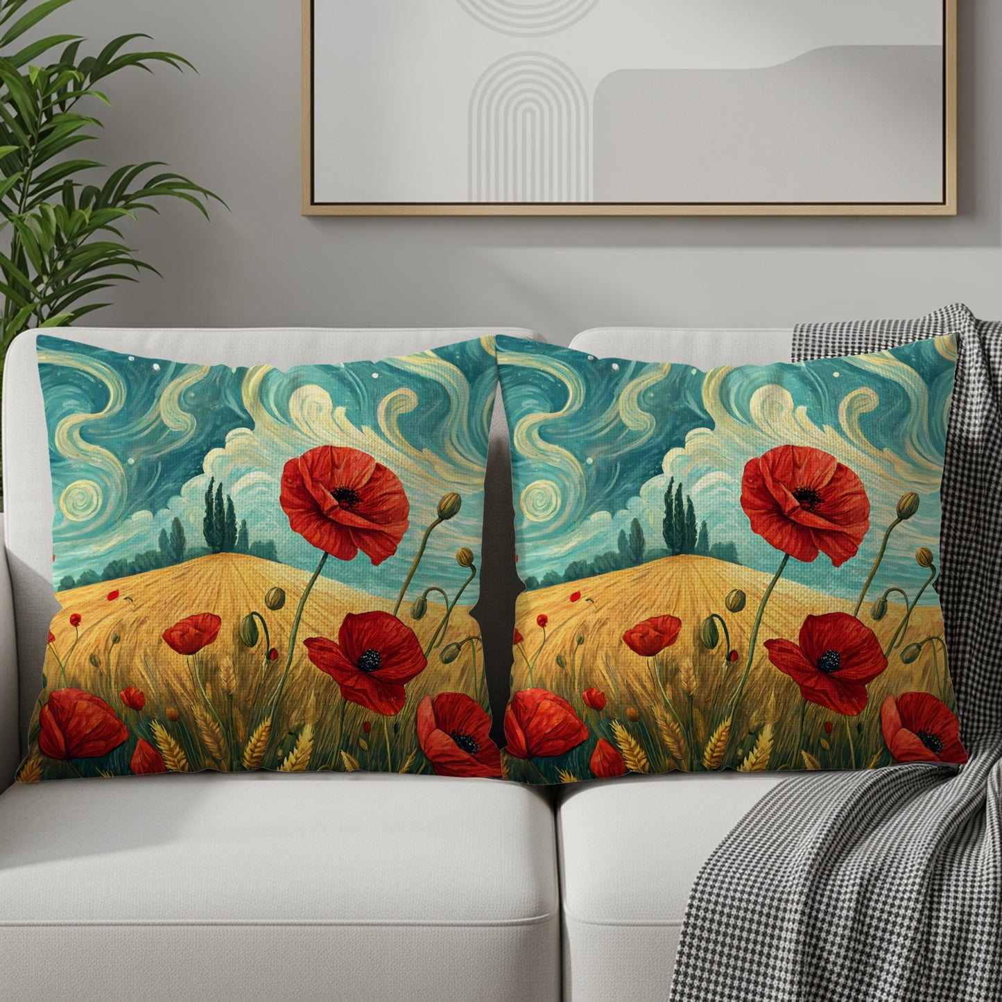 Red Poppies in Wheat Field and Blue Sky Painting Throw Pillows - Walk Greener