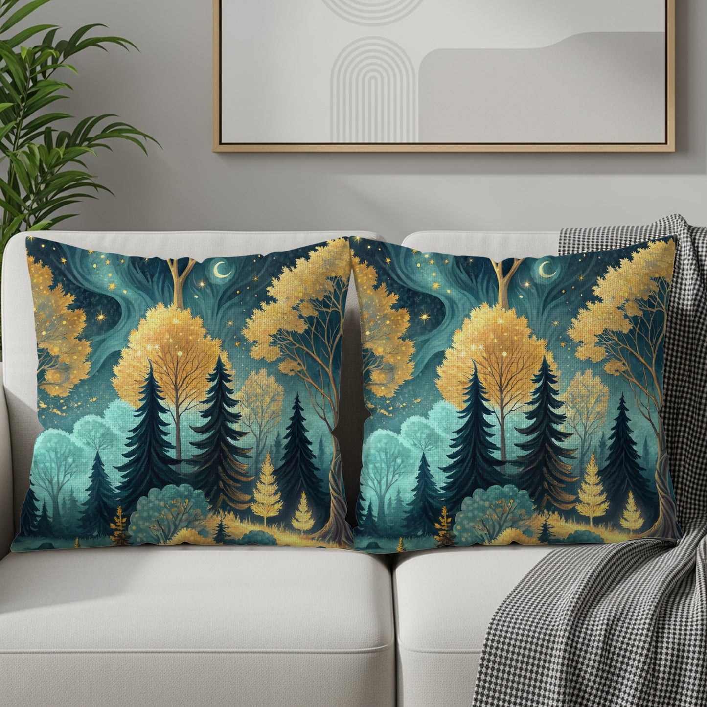 Enchanted Forest Night Scene with Gold Trees Throw Pillows - Walk Greener