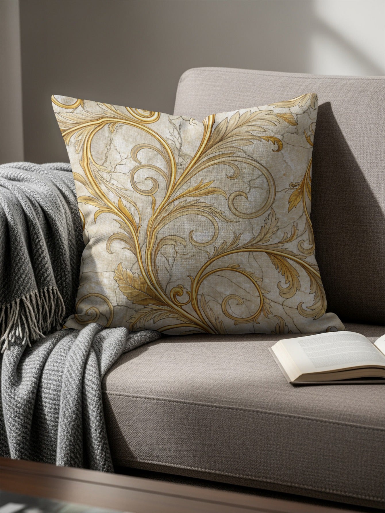 Elegant Gold and Grey Ornate Decorative Pillow