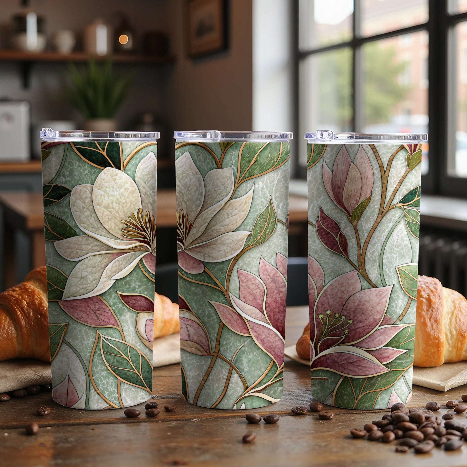 Elegant Floral Pattern Magnolia Blossoms Floral 20 oz Skinny Tumbler - Walk Greener