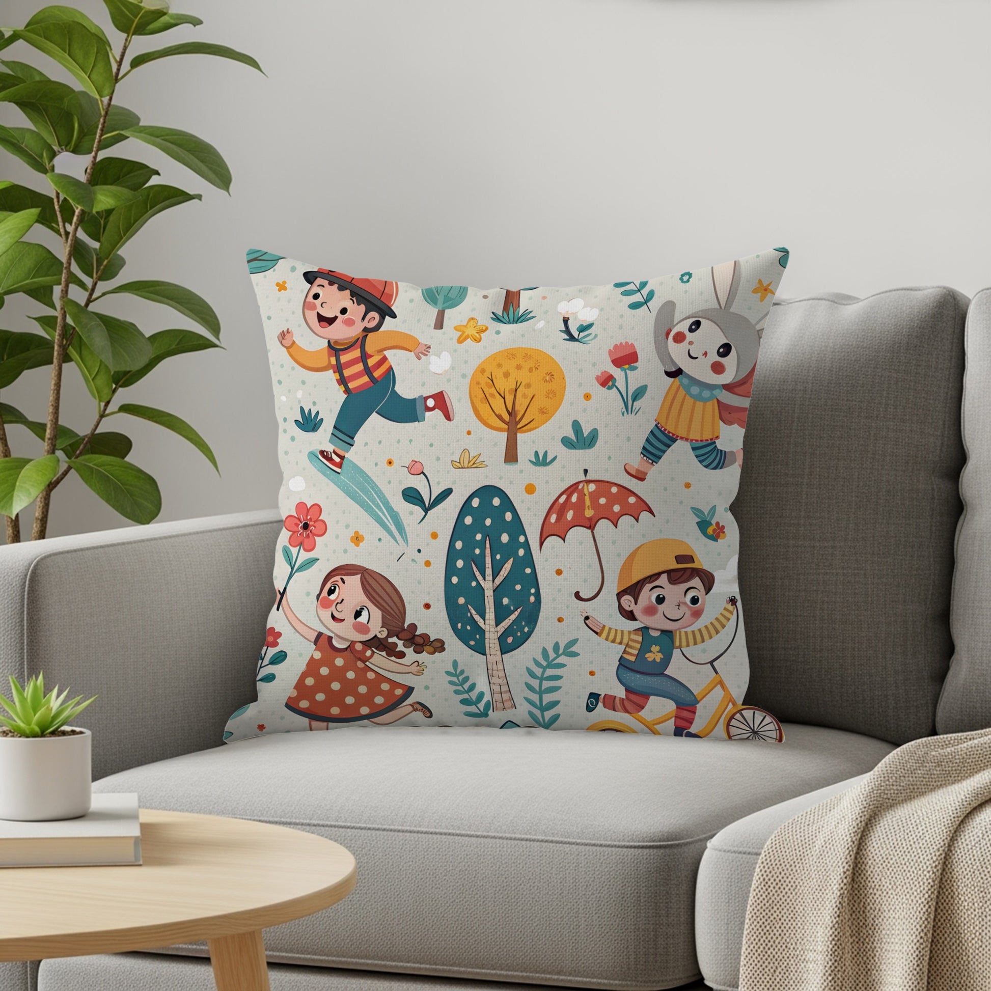 Cartoon Children in Forest with Animals Illustration Throw Pillows - Walk Greener