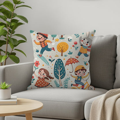 Cartoon Children in Forest with Animals Illustration Throw Pillows - Walk Greener