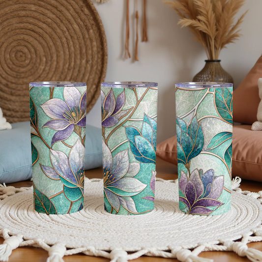 Artistic Floral Stained Glass Design On Green 20 oz Skinny Tumbler - Walk Greener