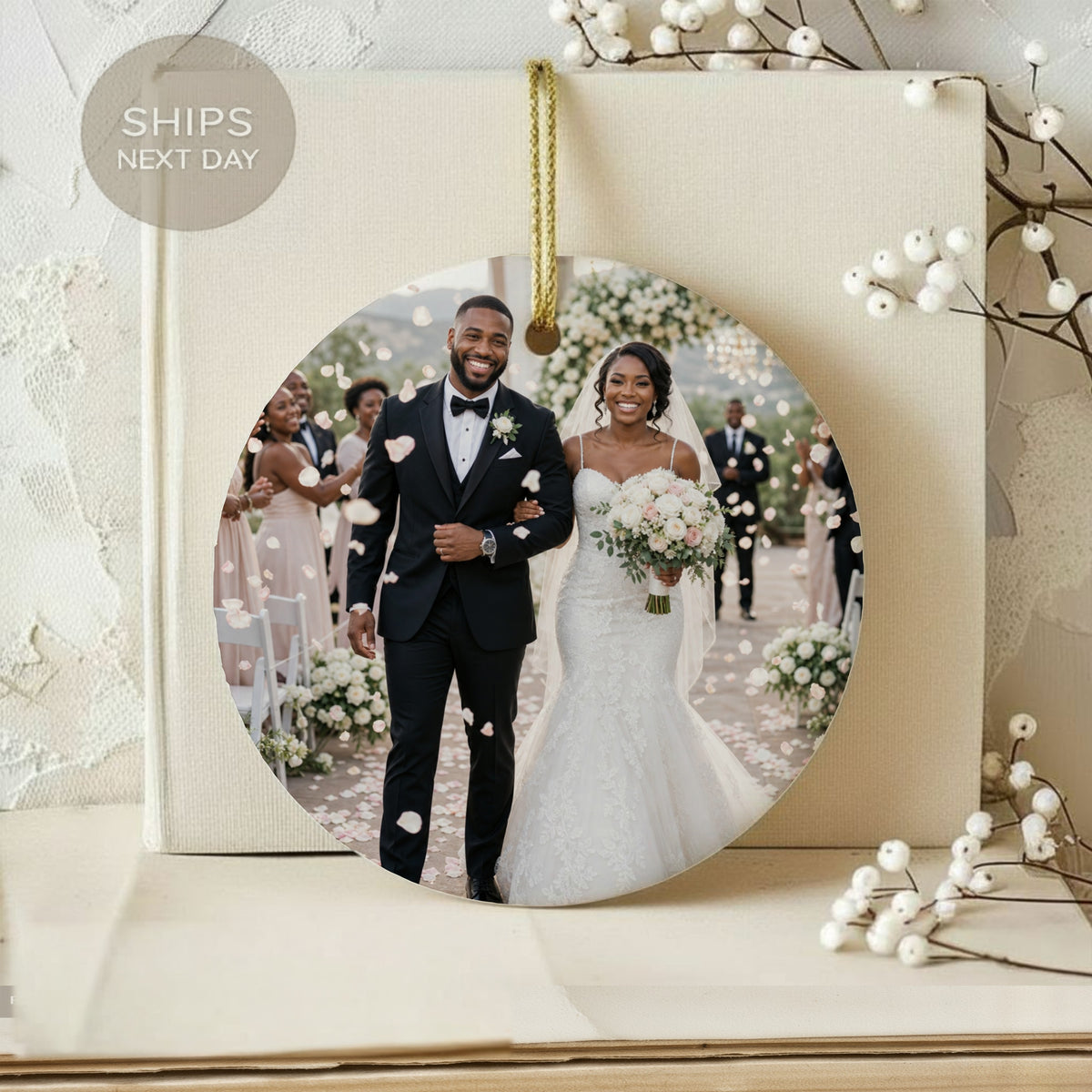 Newlyweds walk down aisle with rose petals falling, ships next day text.