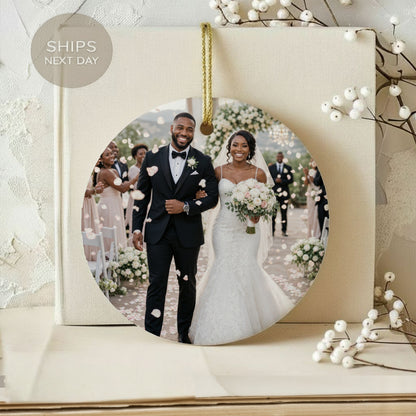 Newlyweds walk down aisle with rose petals falling, ships next day text.