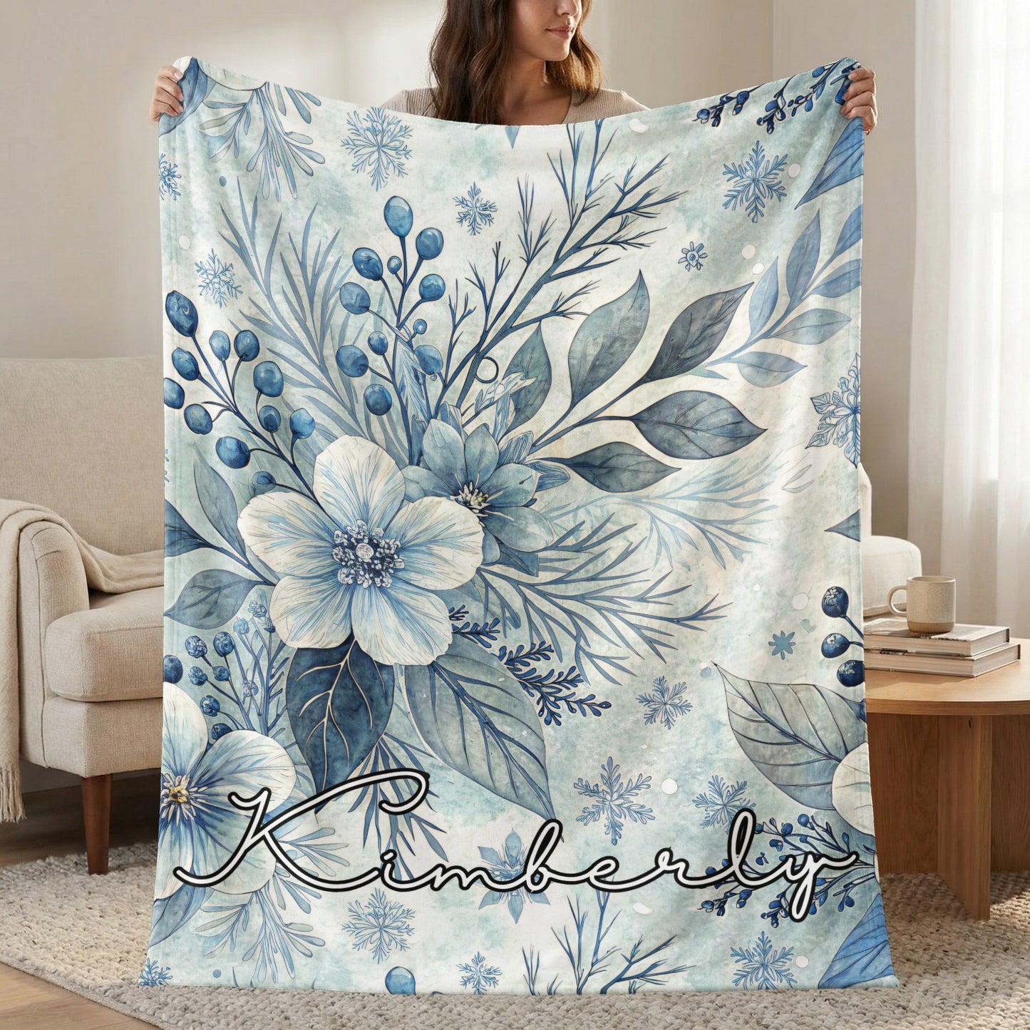 Personalized Blue Floral Design Throw Blanket
