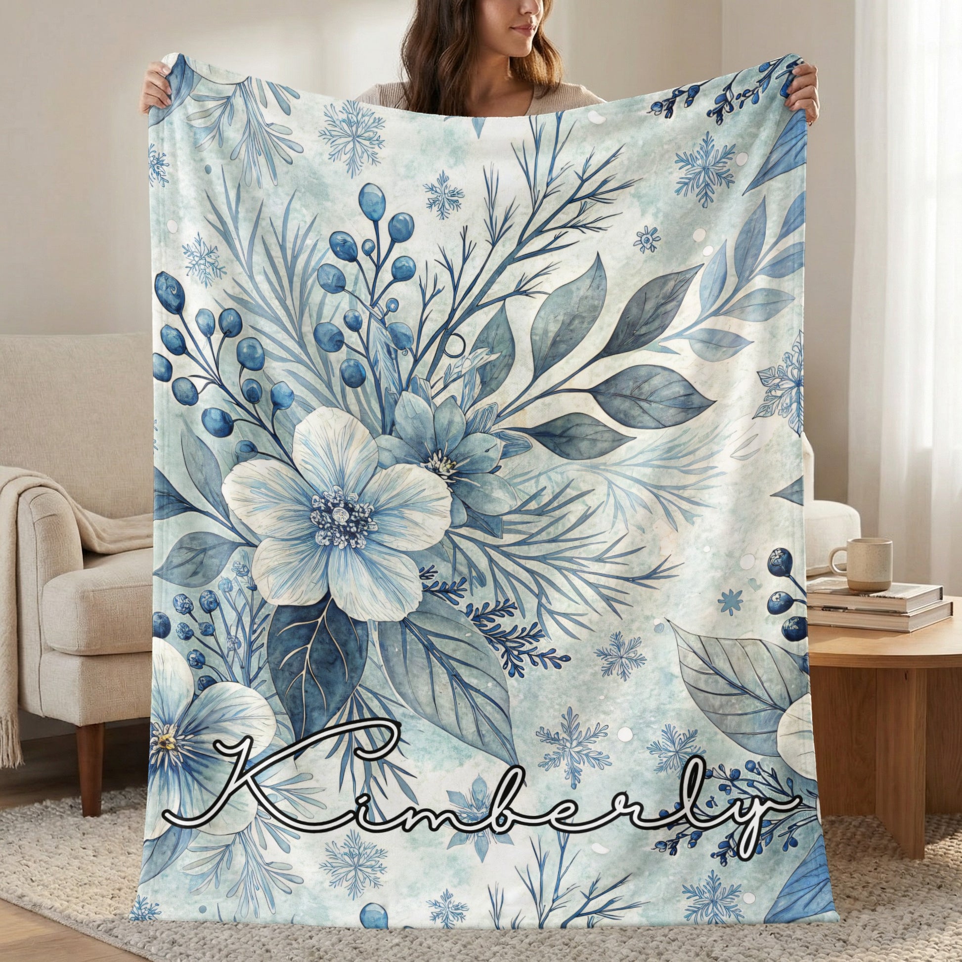 Personalized Blue Floral Design Throw Blanket