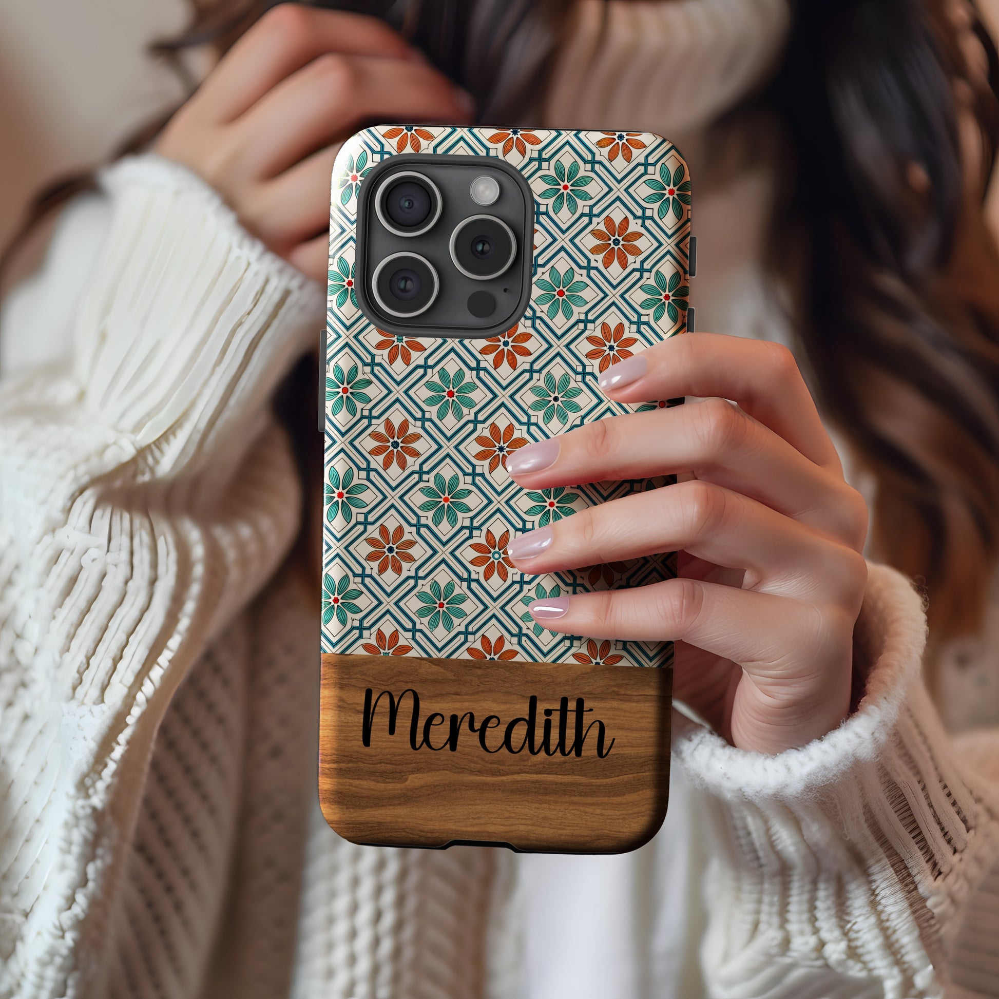Floral Tile Pattern with Custom Name Option Custom Phone Case - Walk Greener