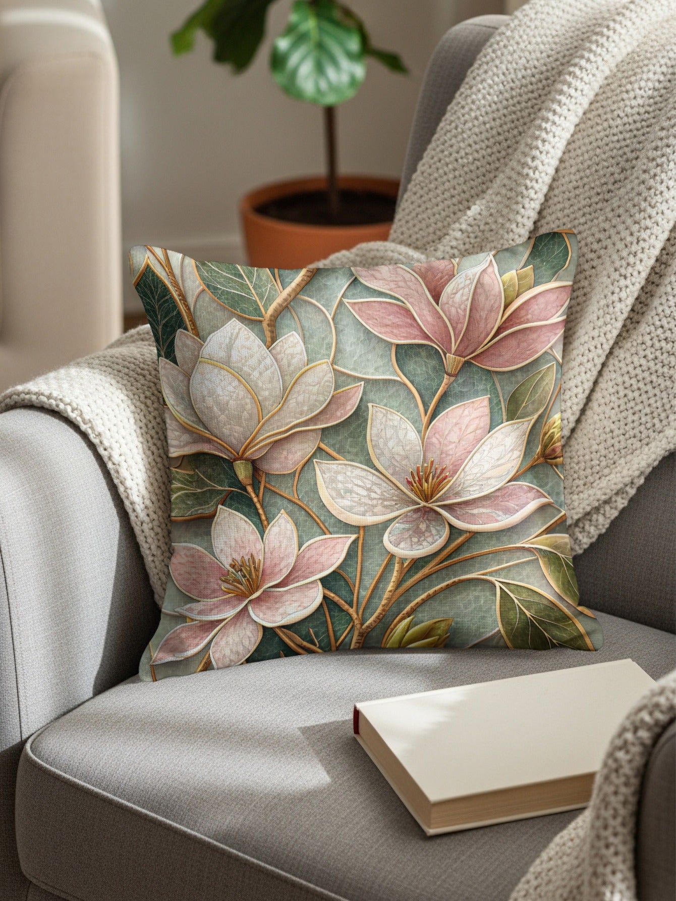 Watercolor Magnolia Blossoms and Foliage Design Throw Pillows - Walk Greener