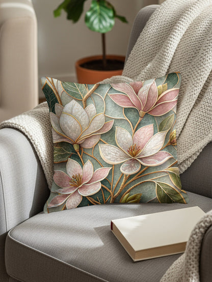 Watercolor Magnolia Blossoms and Foliage Design Throw Pillows - Walk Greener