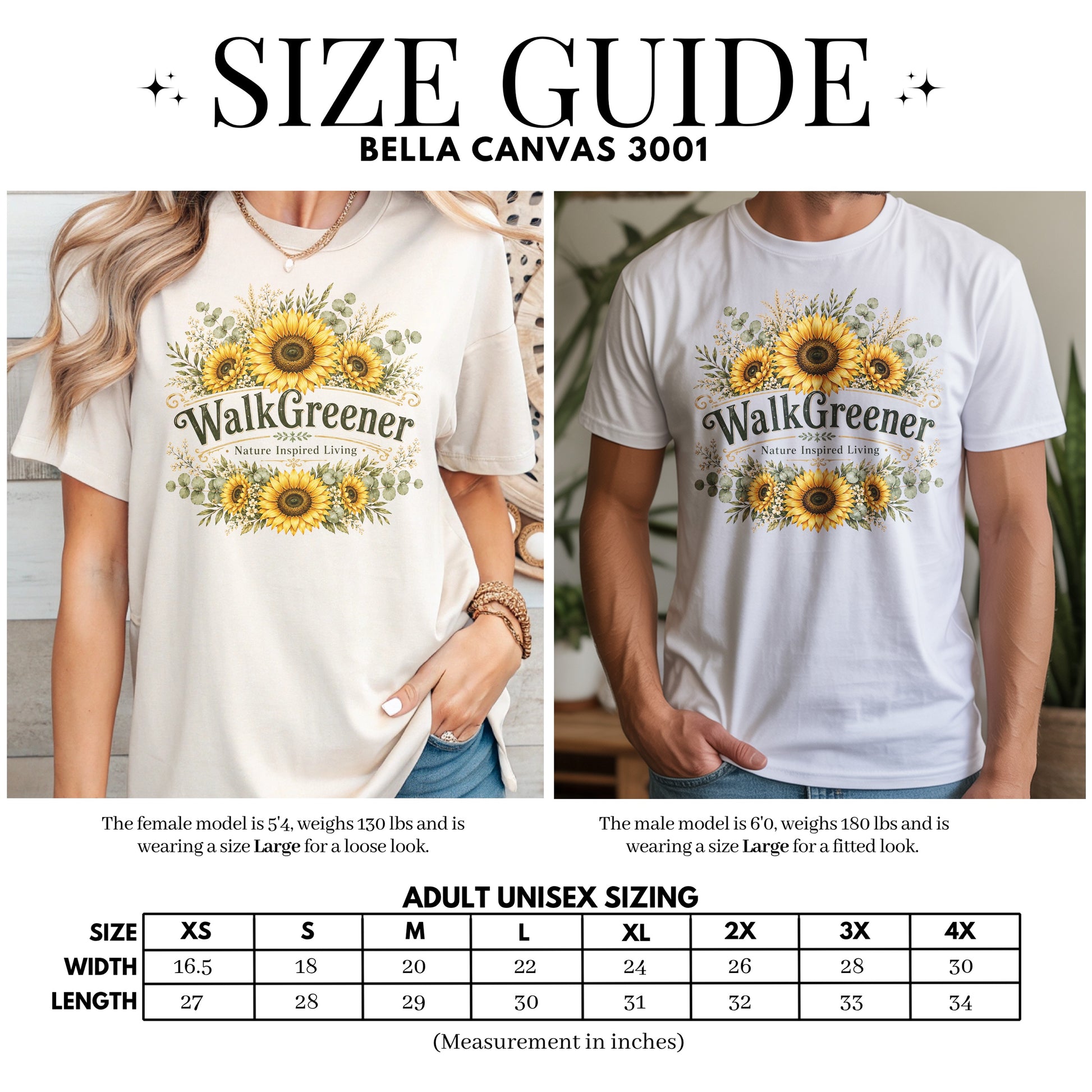 Size guide with garment measurements for Bella Canvas 3001 t-shirts.