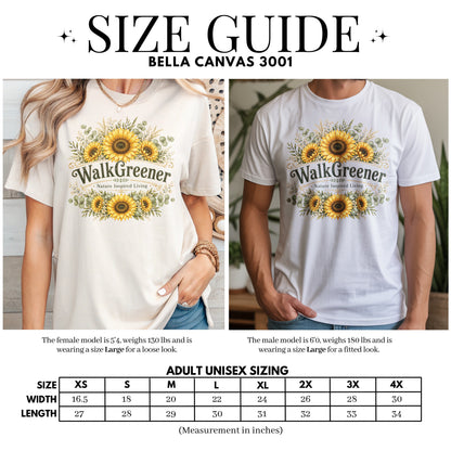 Size guide with garment measurements for Bella Canvas 3001 t-shirts.