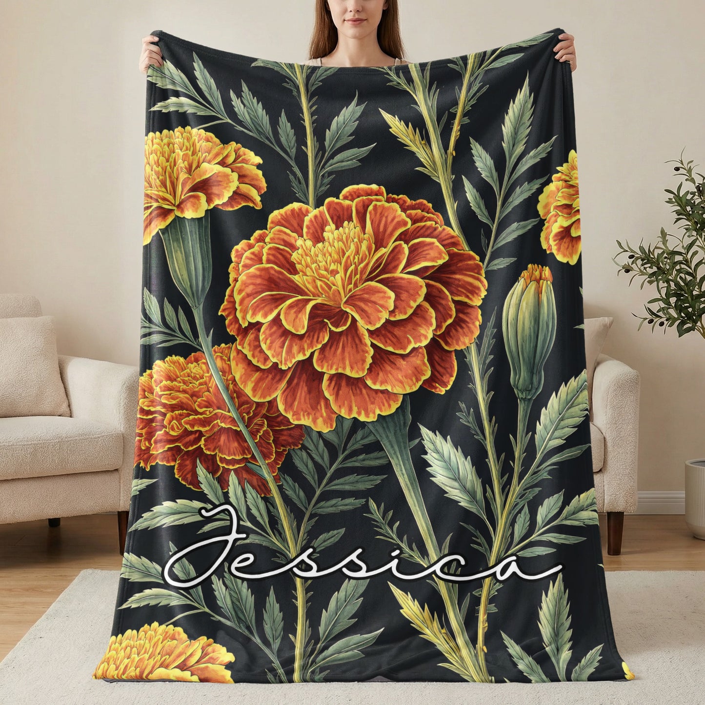 Marigold Flowers Custom Personalized Name Blanket Decor - Walk Greener