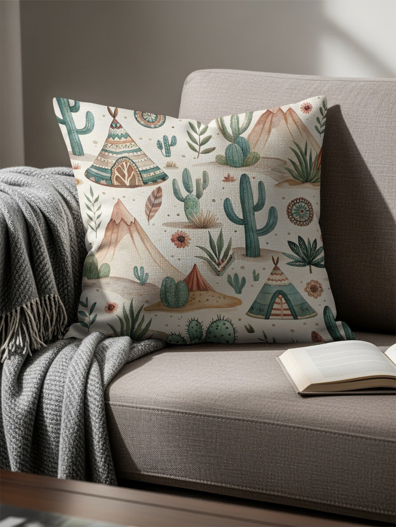 Bohemian Desert Theme Throw Pillow Cushion Art