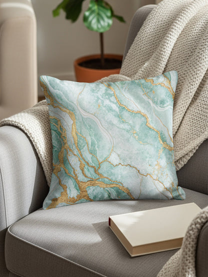 Elegant Aqua and Gold Marble Throw Pillow