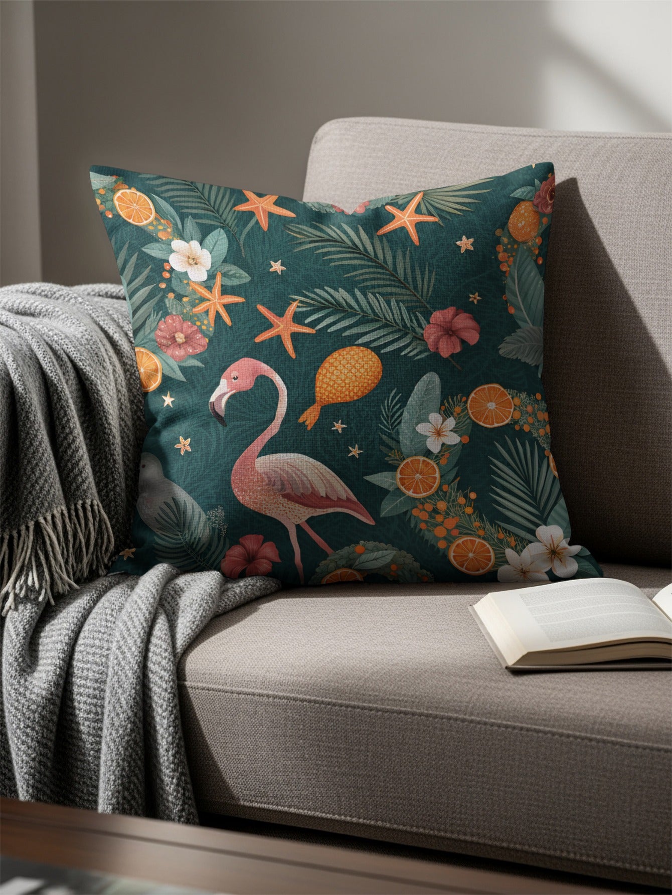 Tropical Flamingo Birds Palms Oranges Starfish Dark Teal Throw Pillows - Walk Greener