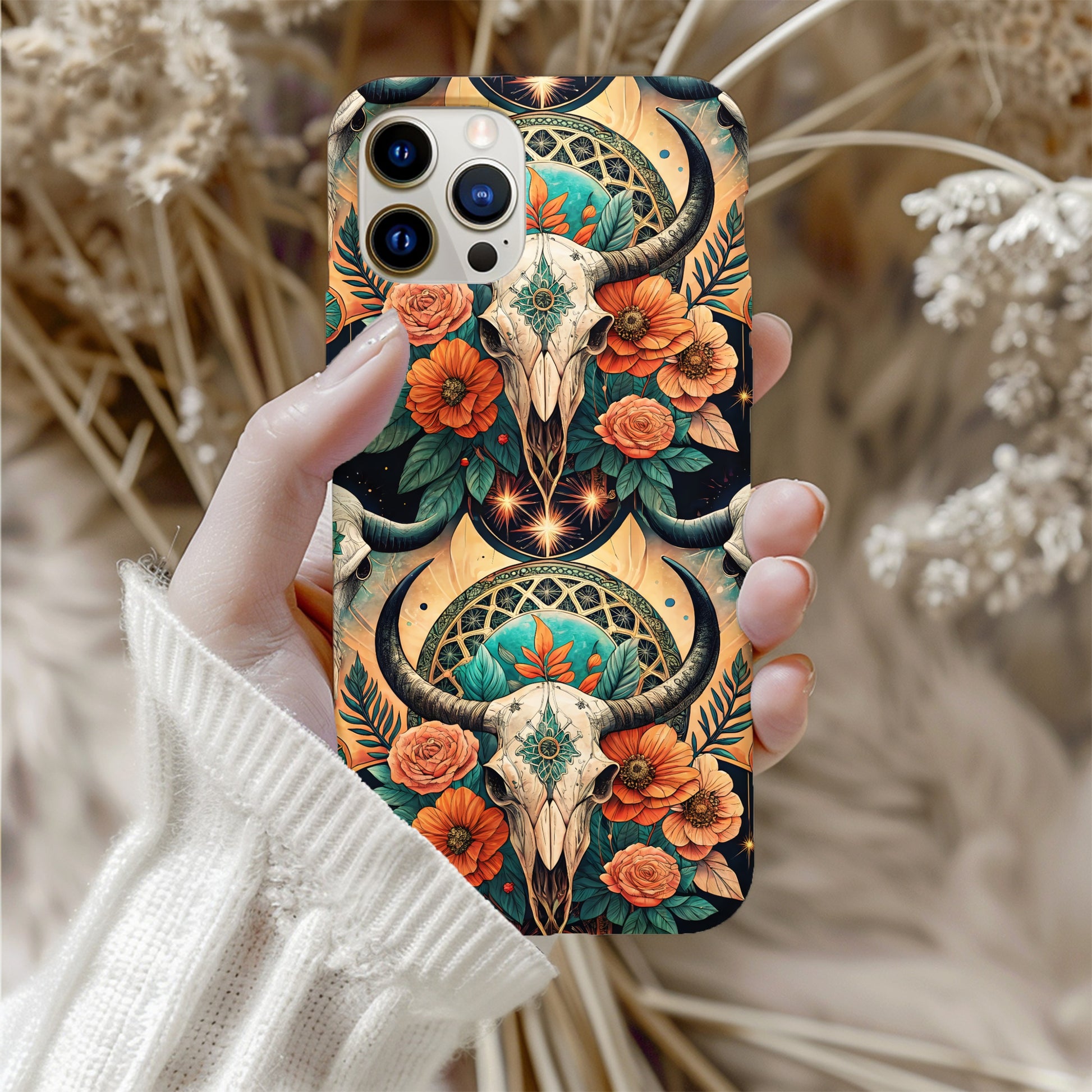 Ornate Bull Skull Floral Pattern Custom Phone Case - Walk Greener