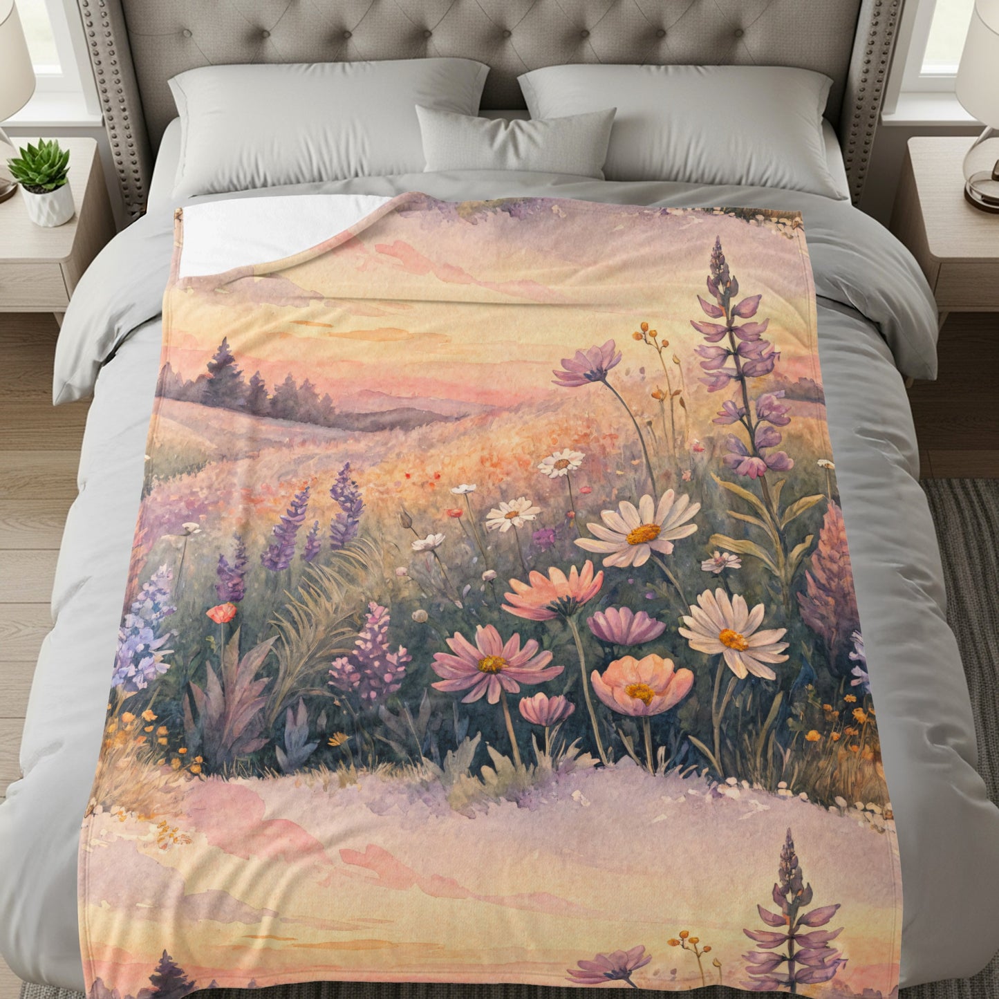 Floral Meadow Landscape Sunset in Watercolor Painting - Walk Greener