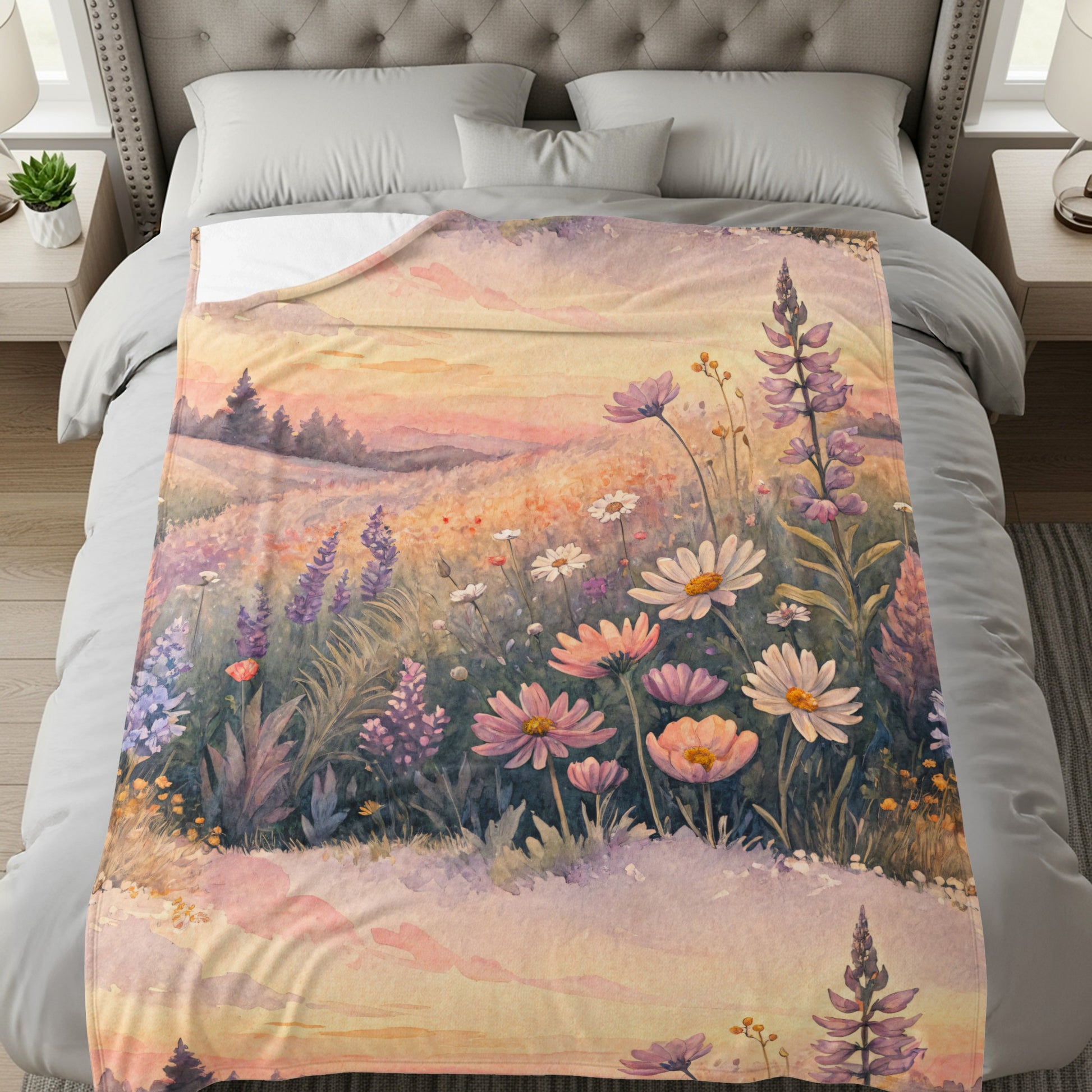 Floral Meadow Landscape Sunset in Watercolor Painting - Walk Greener