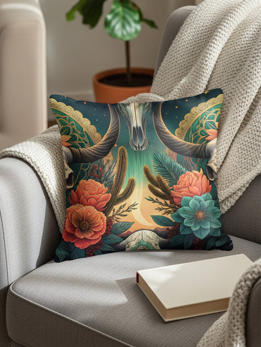 Vibrant Southwestern Skull and Floral Decorative Pillow