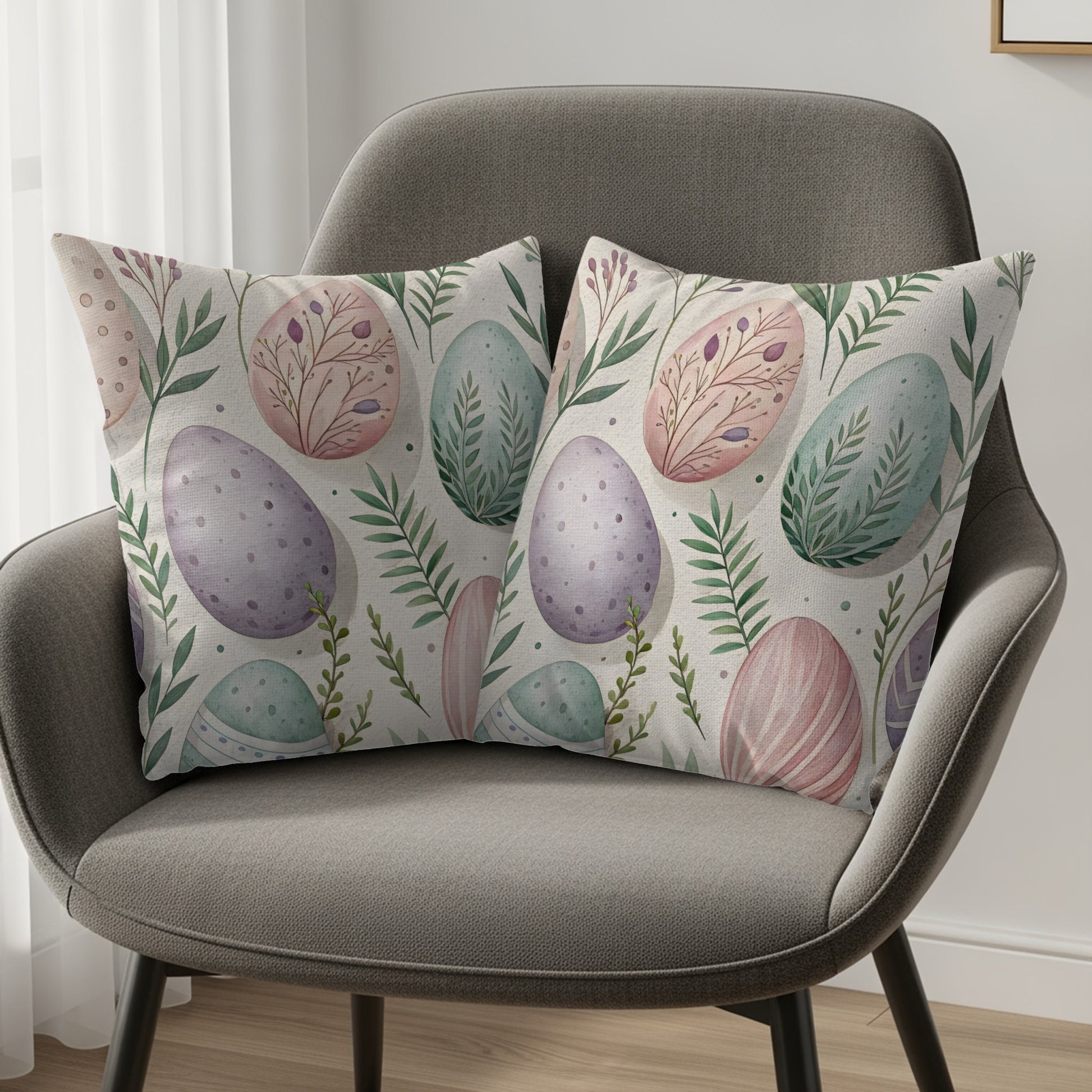 Pastel Egg and Leaf Pattern Decorative Throw Pillow