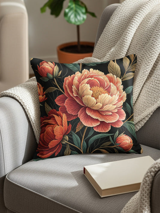 Lush Peonies on Dark Ground Decorative Floral Throw Pillows - Walk Greener
