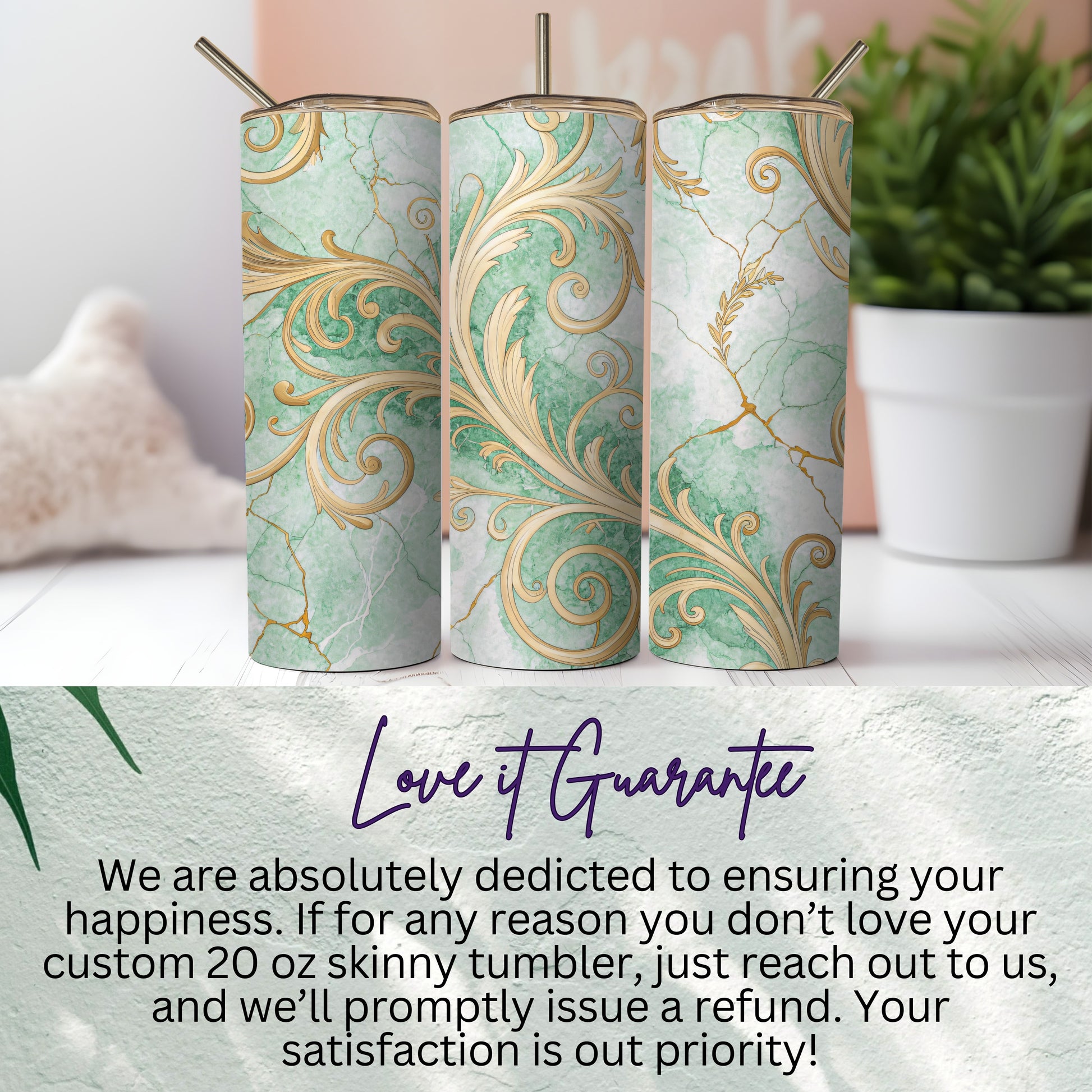 Elegant Green Golden Scrolls Skinny Tumbler Design