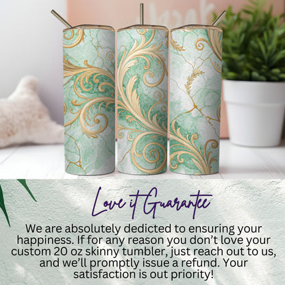 Elegant Green Golden Scrolls Skinny Tumbler Design
