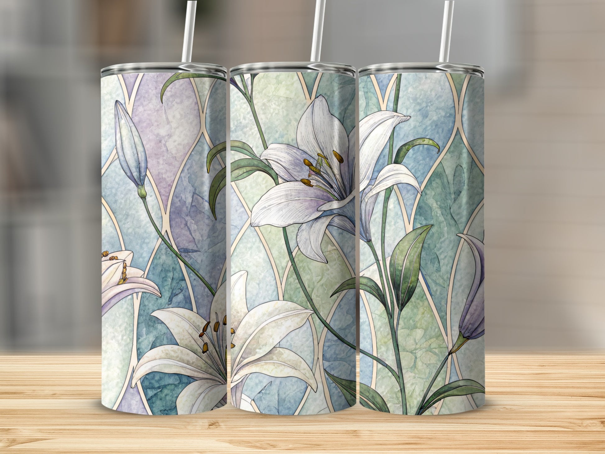 White Lilies Floral Design On Geometric Pattern 20 oz Skinny Tumbler - Walk Greener