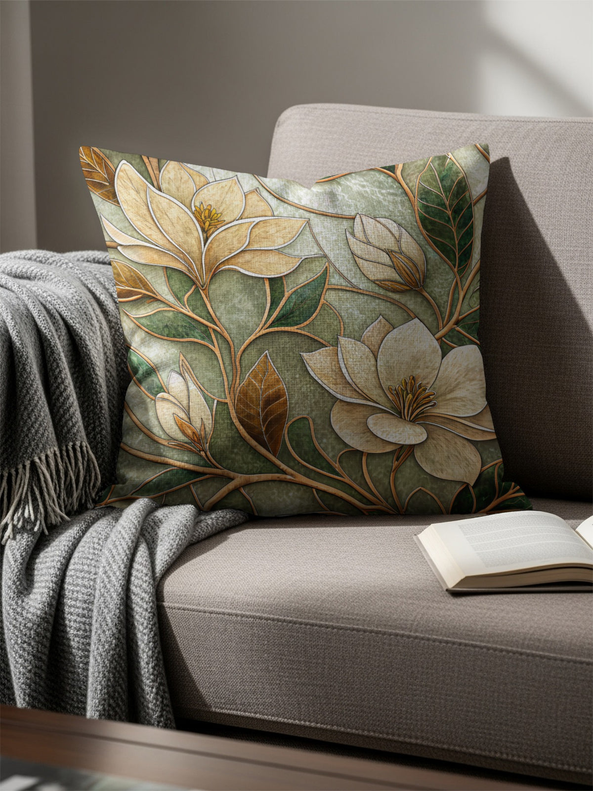Ivory Petals Green Leaves Artistic Floral Design Throw Pillows - Walk Greener