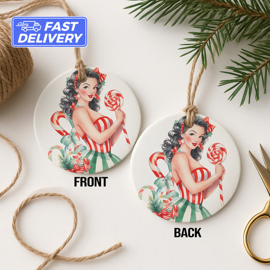 Christmas Pin-Up Girl Holding Candy Cane Ornament product type