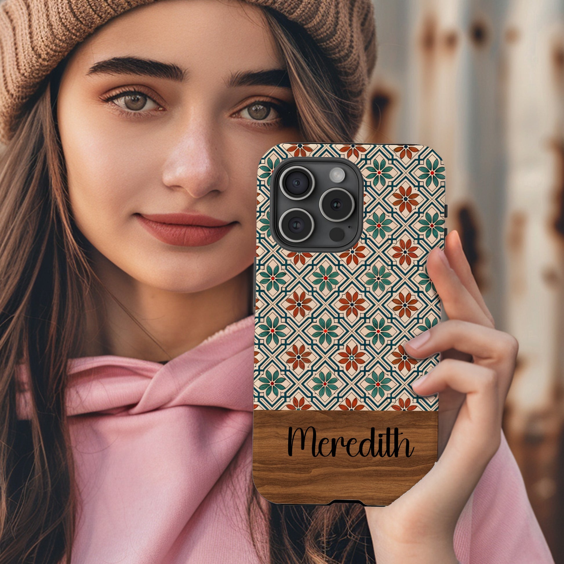 Floral Tile Pattern with Custom Name Option Custom Phone Case - Walk Greener