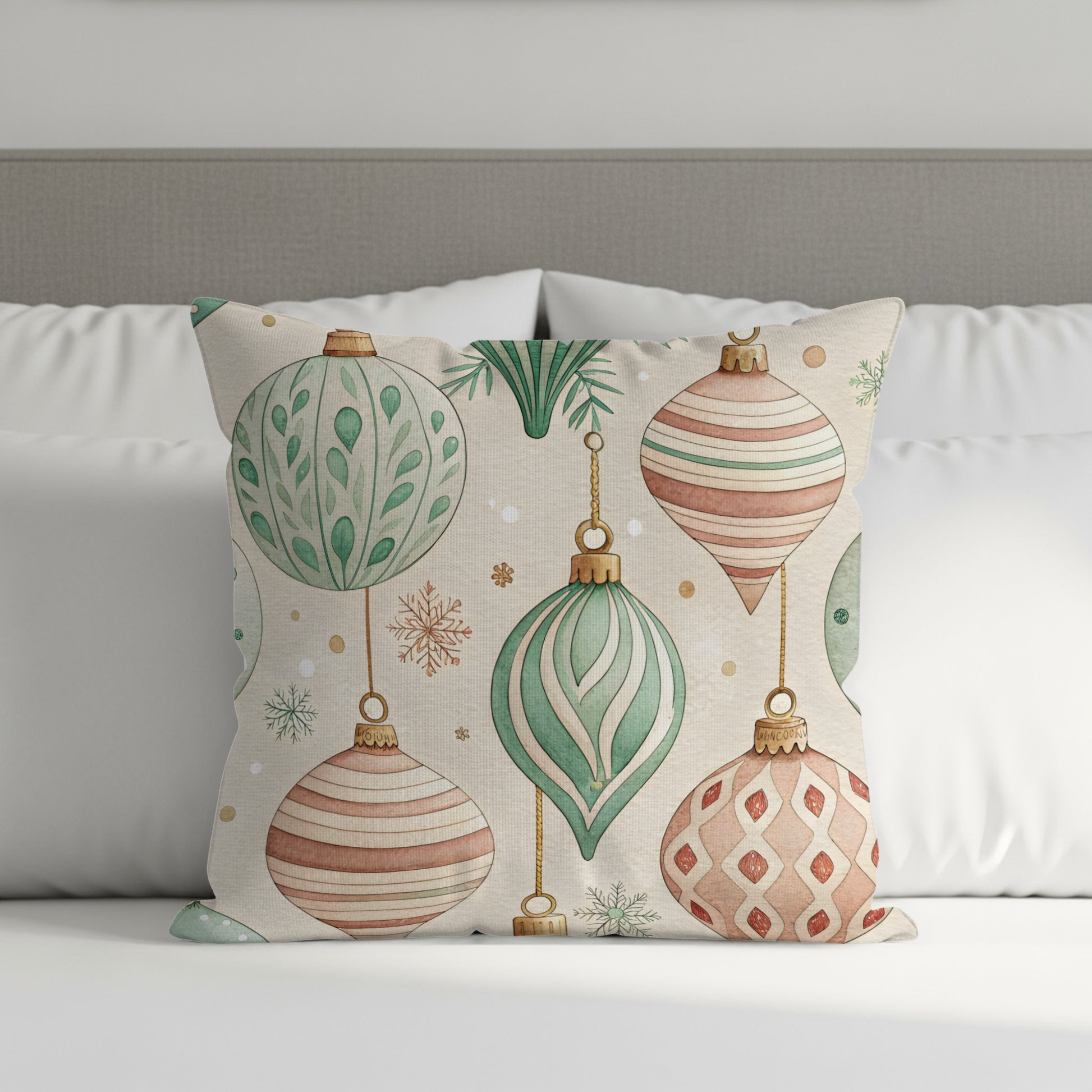 Festive Green and Red Ornament Design Pillow Cover