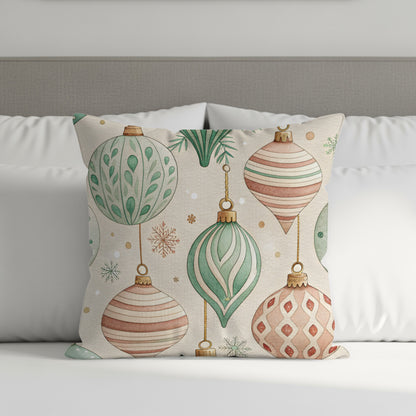 Festive Green and Red Ornament Design Pillow Cover