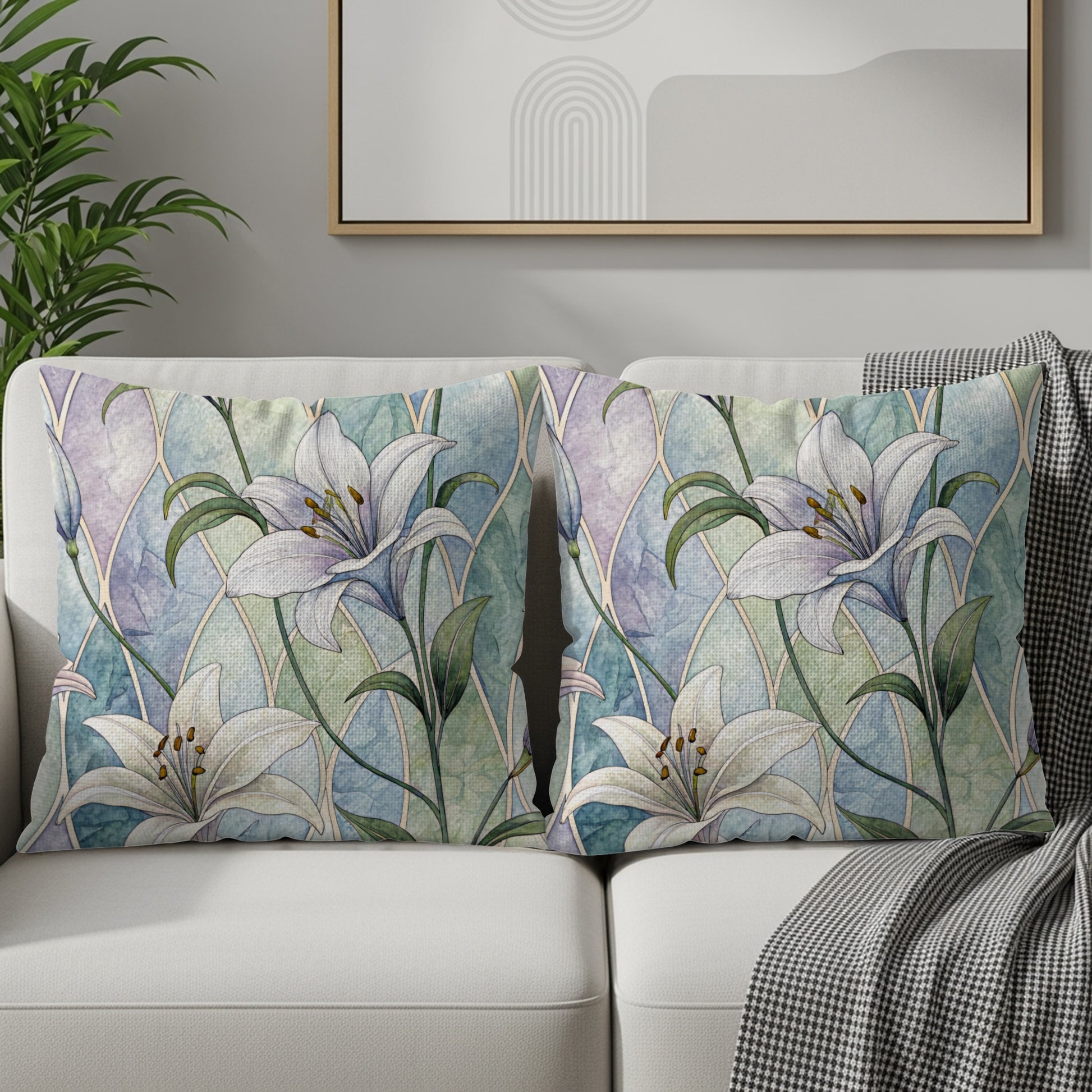 Pastel Lily Pattern Against Blue Green Arches Throw Pillows - Walk Greener
