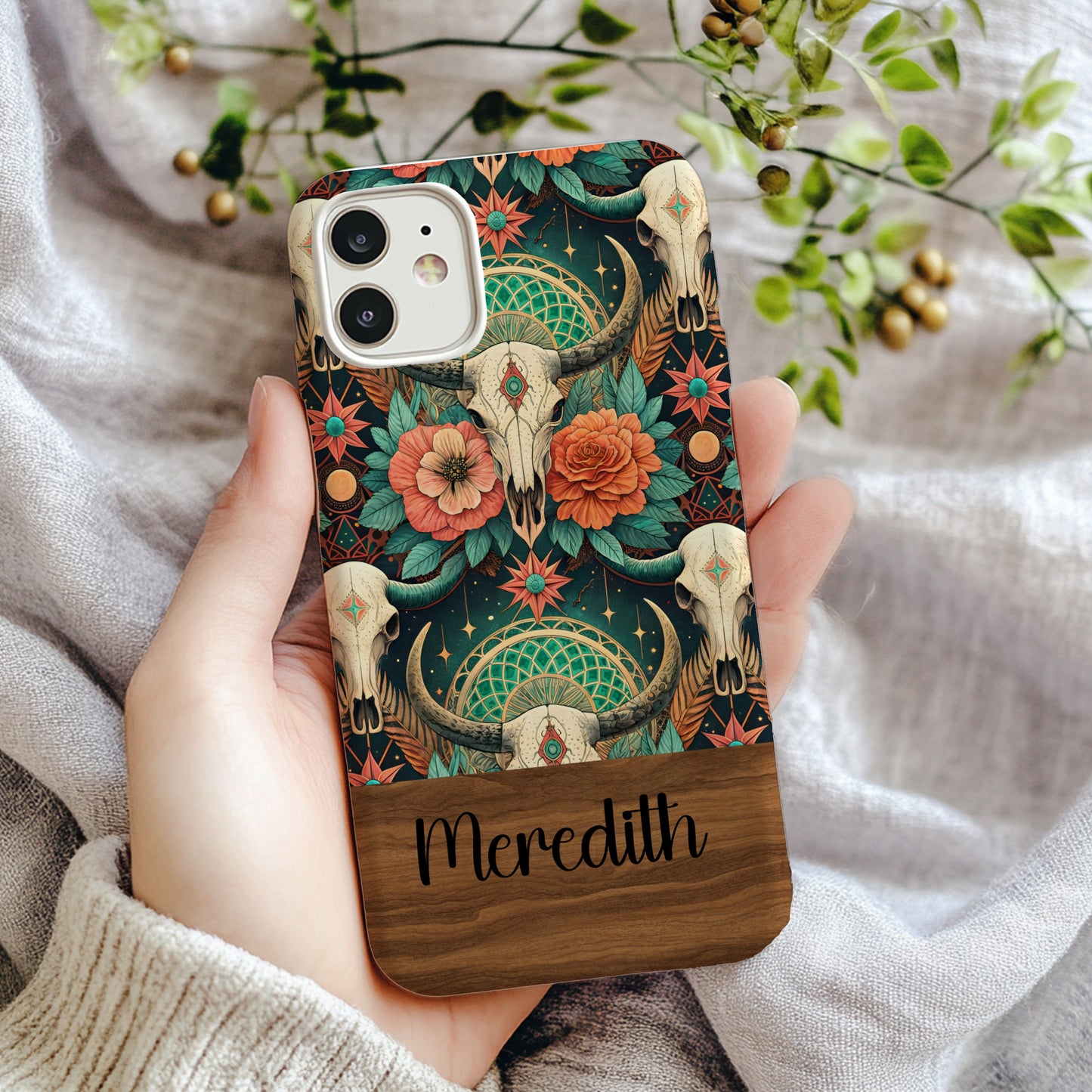 Boho Skull Floral Pattern With Custom Name Initial Phone Case - Walk Greener