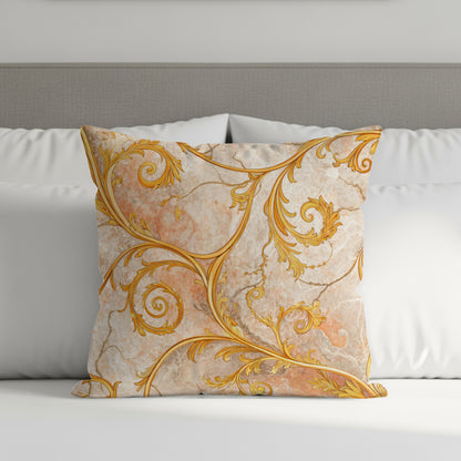 Golden Floral Swirls Over Faux Marble Decorative Floral Throw Pillows - Walk Greener