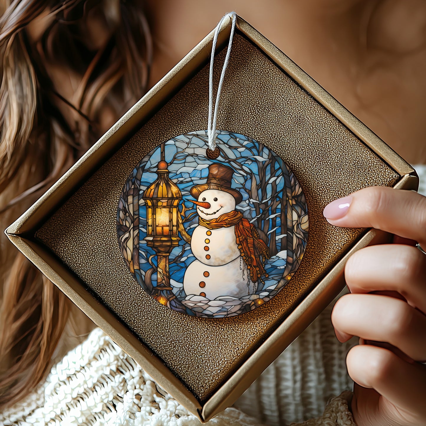 Snowman with Lantern Stained Glass Ornament product type