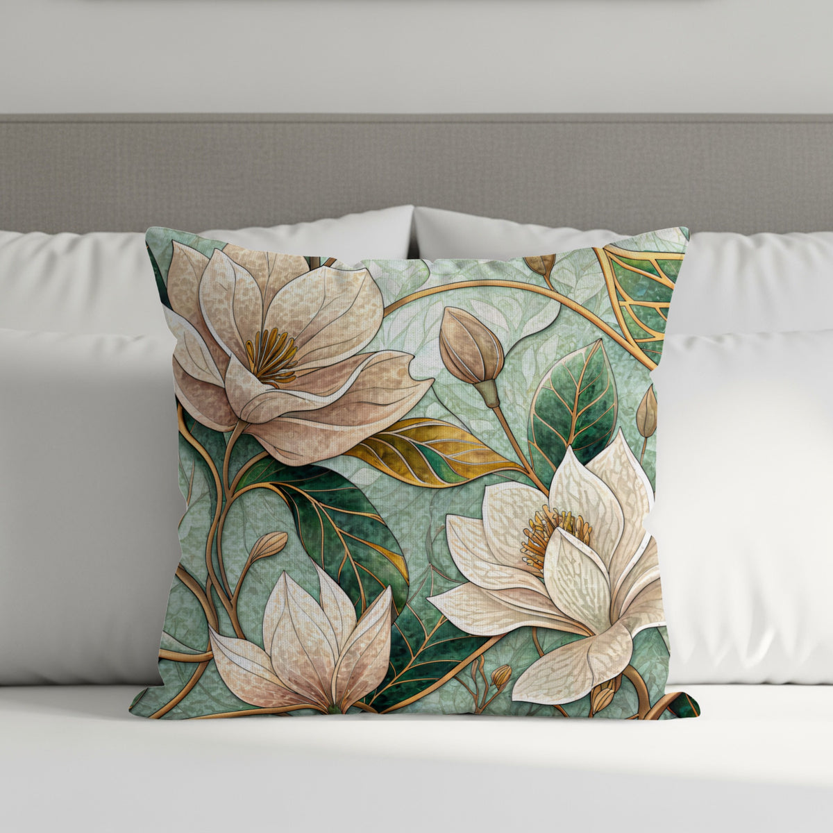 Beautiful Magnolia Flowers Green Leaves Artistic Style Throw Pillows - Walk Greener